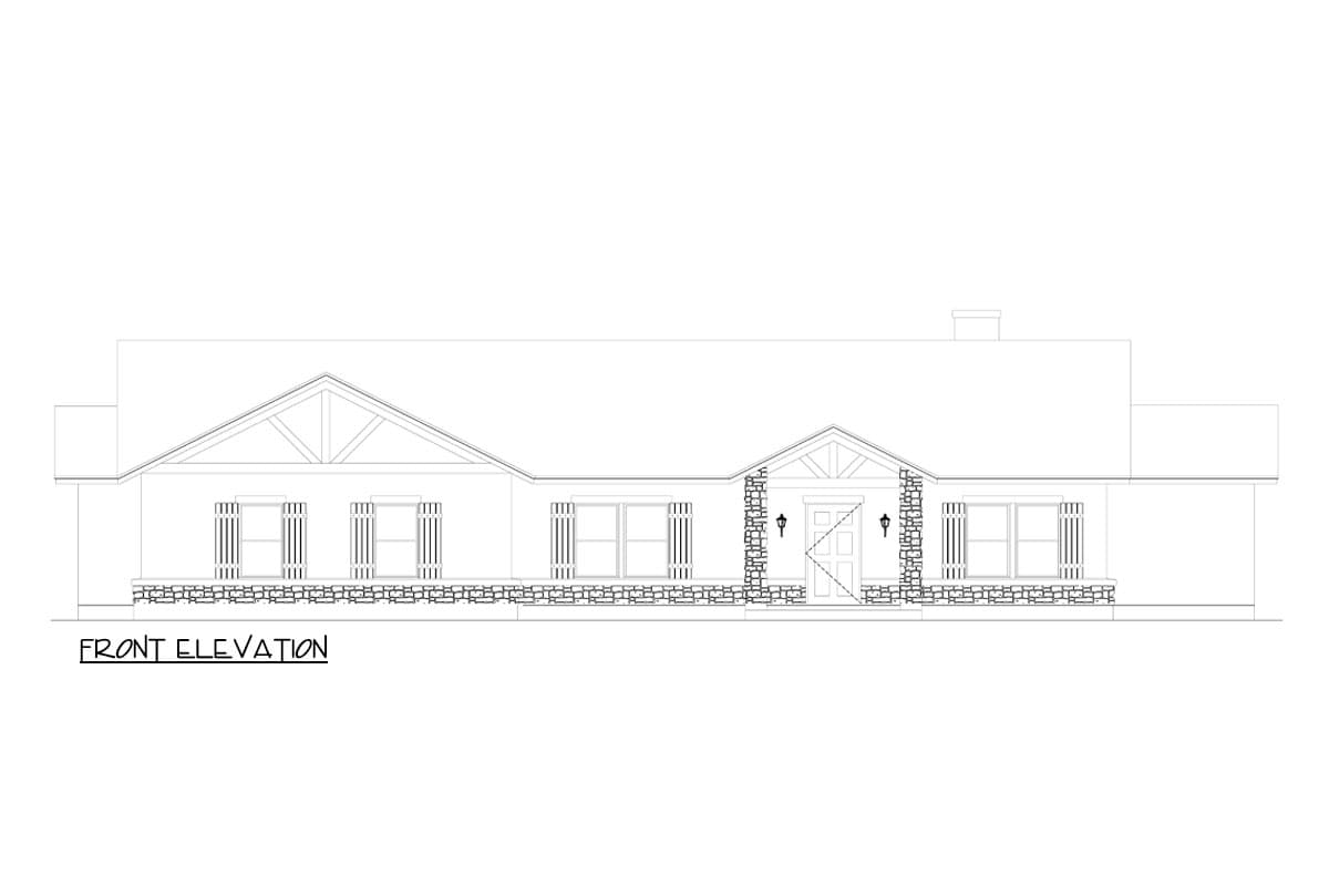 Front elevation drawing of a single-story house with a prominent gabled entrance, stone accents, and shutters.