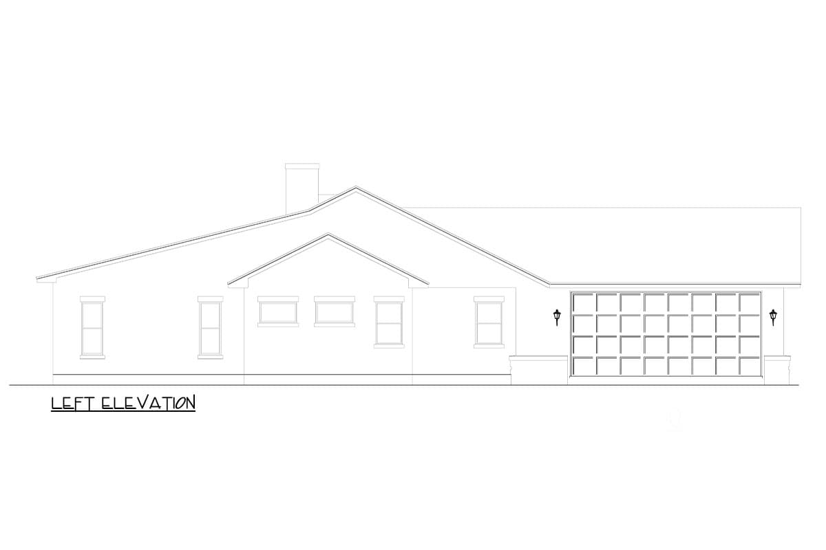 Left elevation house plan showing a single-story home with a prominent gable and a two-car garage.