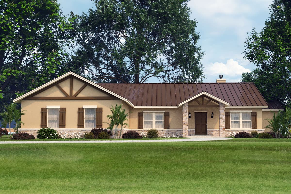 House plan exterior. Single-story ranch-style home with a gabled roof, a front entry porch with timber detailing, and shuttered windows.
