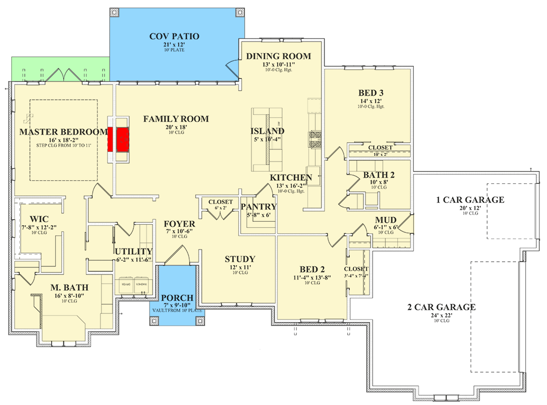 Plan 264137KMD: Hill Country House Plan with 10-Foot Ceilings and 3-Car Garage - 2583 Sq Ft - Floor Plan - Main Level - Hill Country, Ranch, Rustic