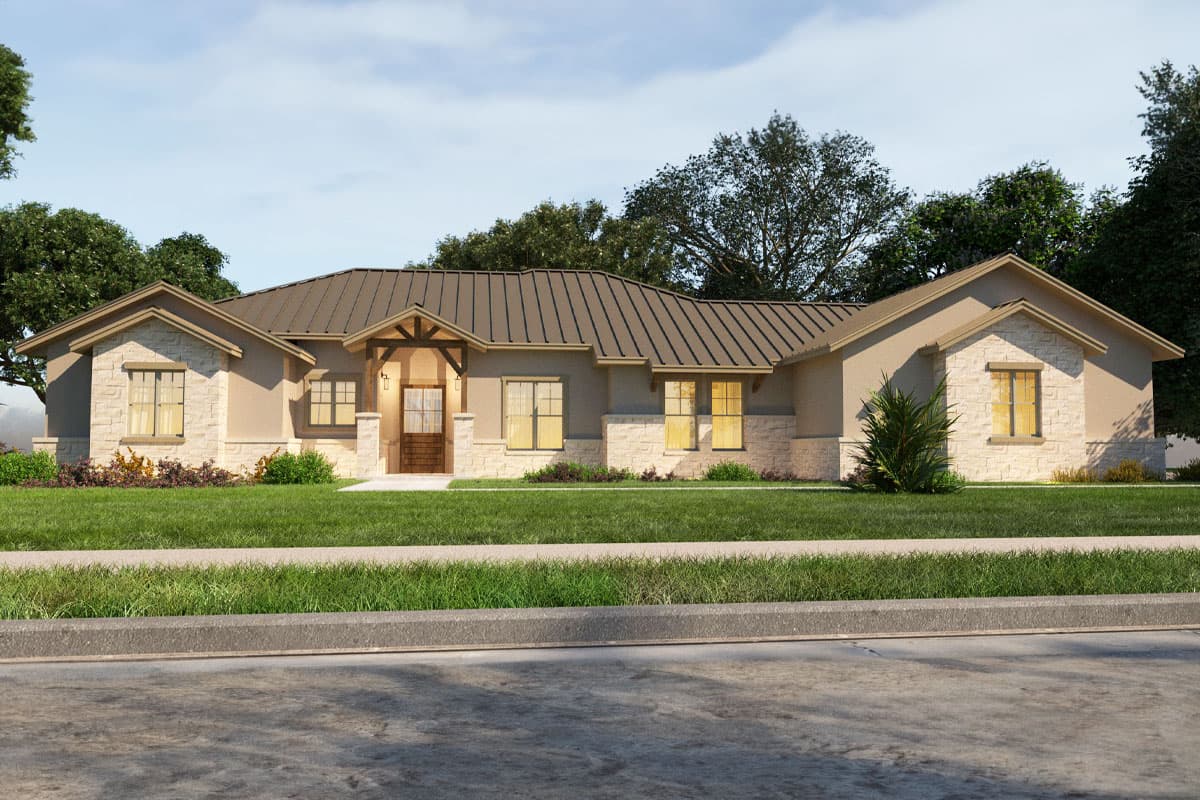 House plan exterior. Single-story Ranch style with stone accents, a covered entry porch, and a gable roofline.