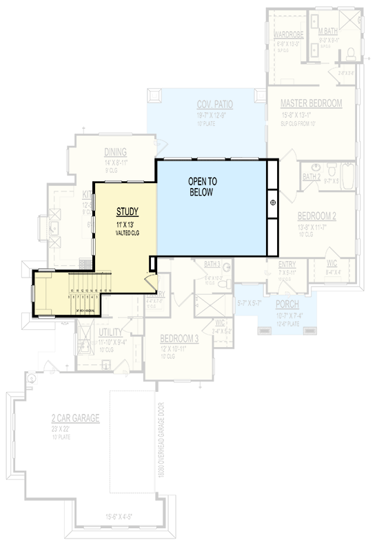 Plan 264138KMD: Modern House Plan with Upstairs Study Overlooking Great Room Below - 2596 Sq Ft - Floor Plan - 2nd Floor - Contemporary, Mid Century Modern, Modern
