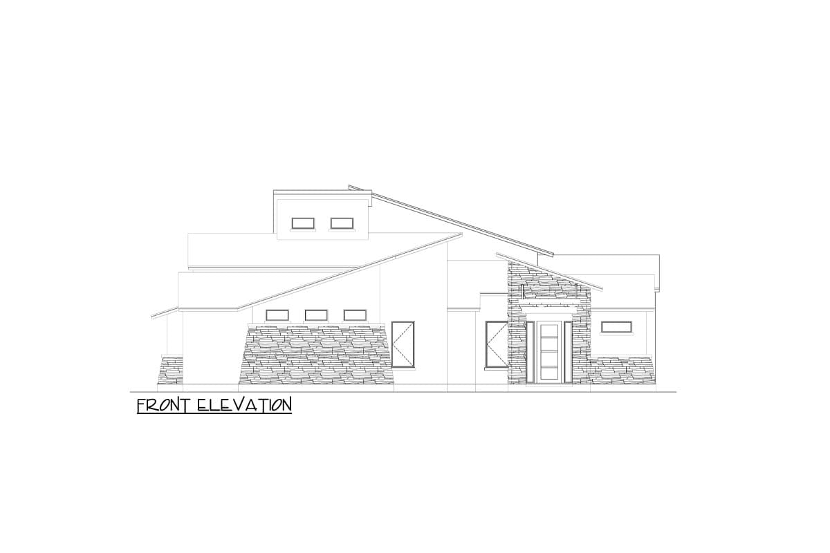 Front elevation drawing of a multi-level house plan with stone accents, sloped rooflines, and rectangular windows.