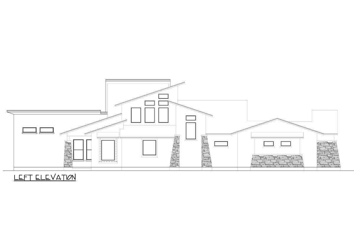 Left elevation house plan with varied rooflines, stacked stone accents, and multiple windows.