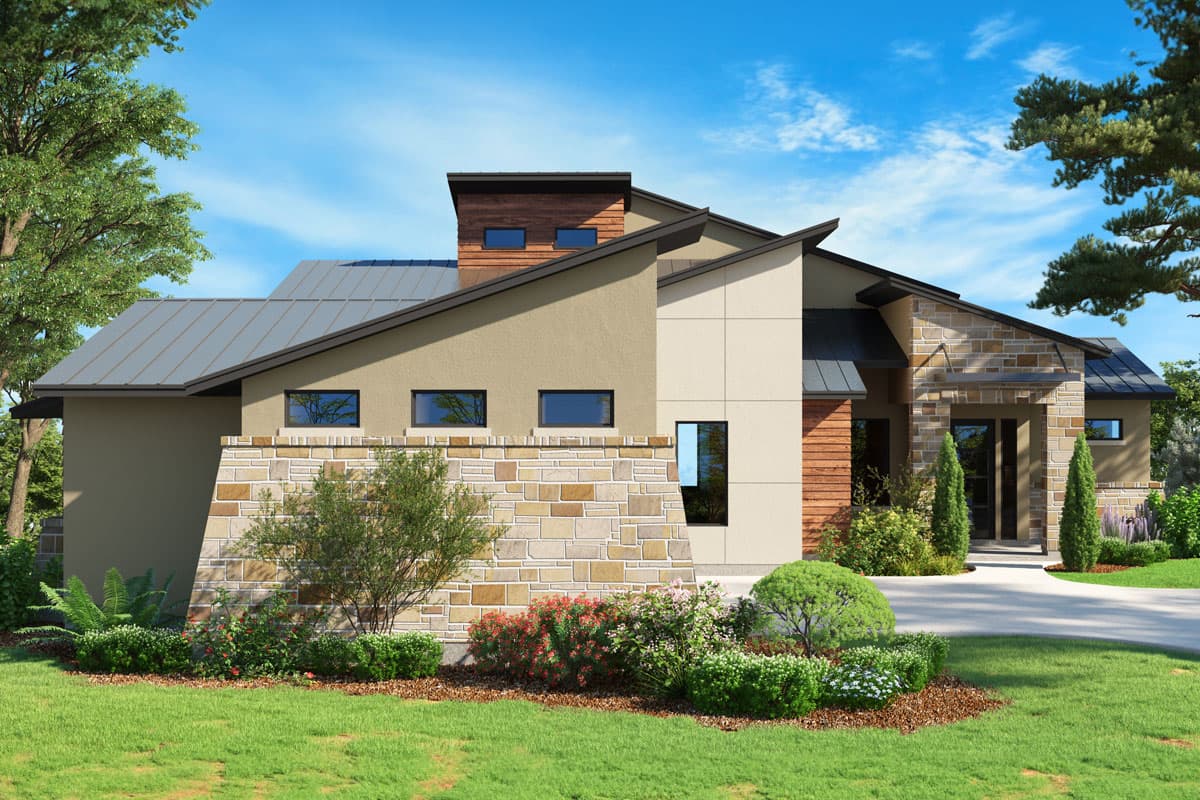 Modern house plan exterior with stone and stucco facade, metal roof, and angular design.