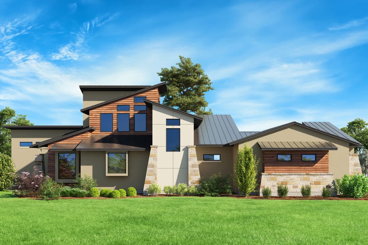 Modern house plan exterior with multiple gables, wood siding accents, stone base, and varied window heights.