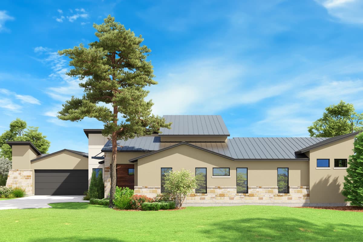 House plan exterior: Modern style, one story, with a metal gable roof, stone accents, and a two-car garage.