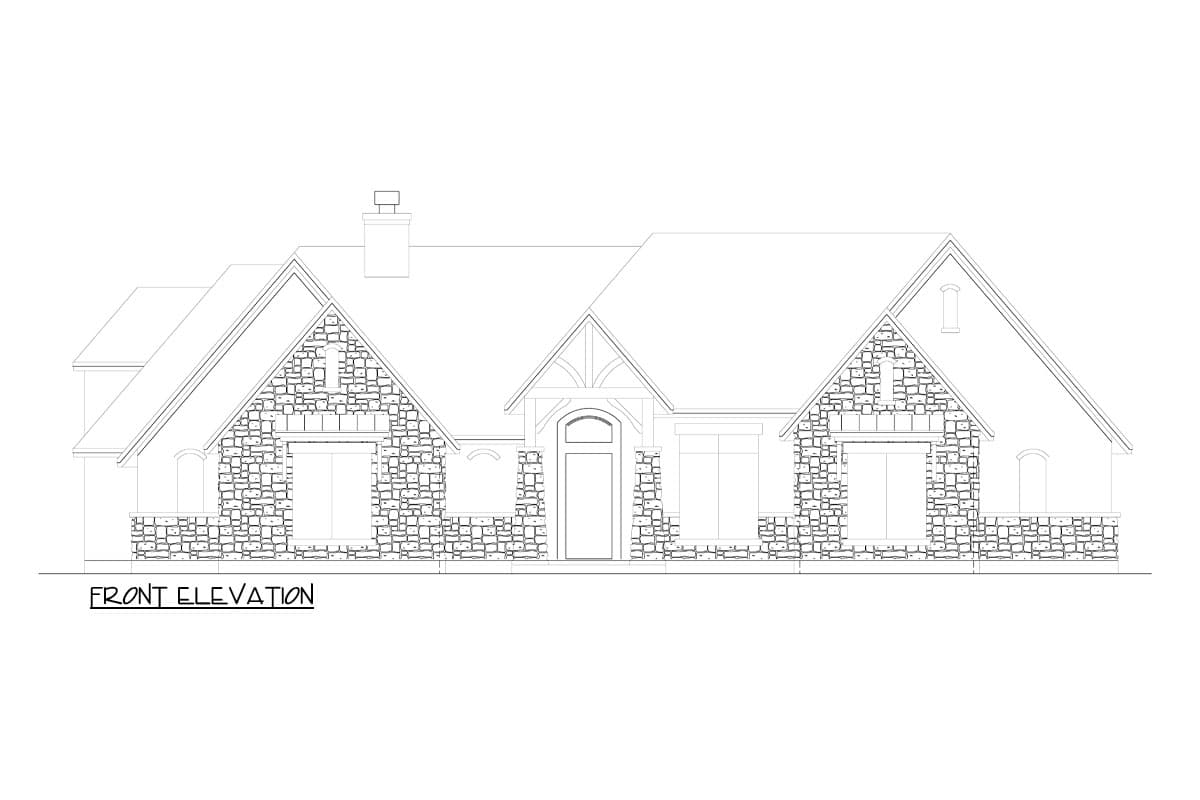 Front elevation drawing of a house plan featuring stone accents, gables, dormers, and a prominent entryway with timber detailing.
