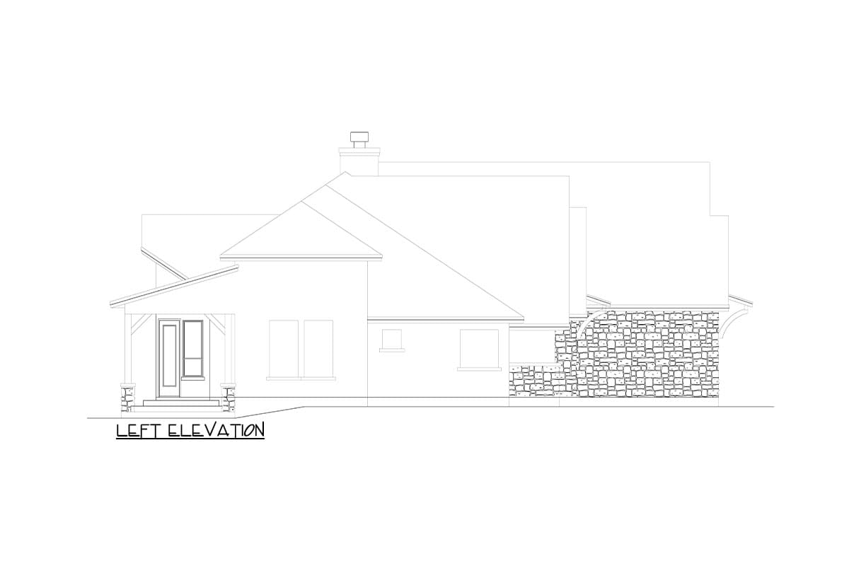 Left elevation of a house plan showing a covered entry with square columns and a stone-clad base.
