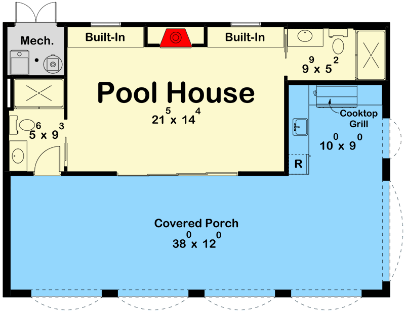 Plan 623363DJ: Mediterranean Pool House with 2 Baths and an Outdoor Kitchen - Floor Plan - Main Level - Mediterranean