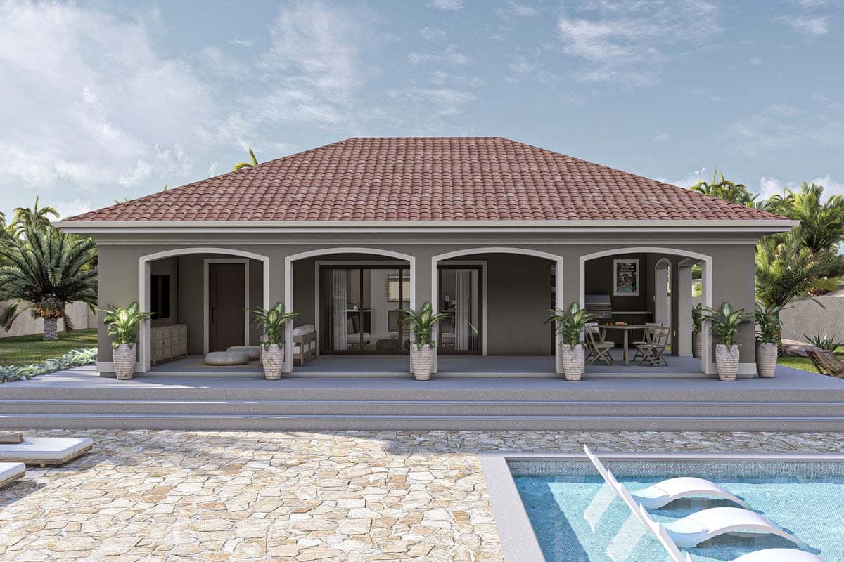 Single-story house plan exterior with a covered porch featuring arched openings, a red tile roof, and a central open living area.