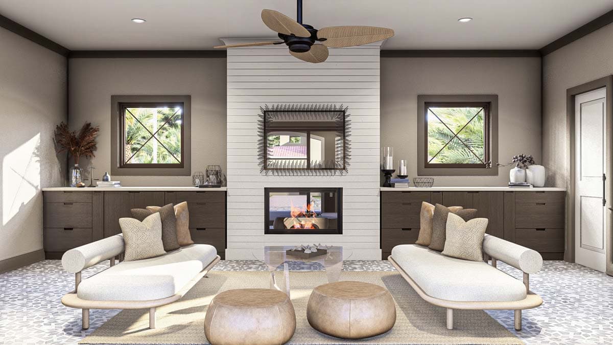 Interior rendering of a living area with a fireplace, two chaise lounges, and built-in cabinetry.