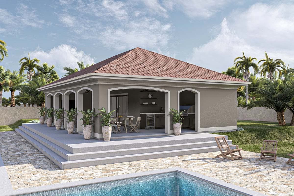 Plan 623363DJ: Mediterranean Pool House with 2 Baths and an Outdoor Kitchen - Image #10 - Mediterranean