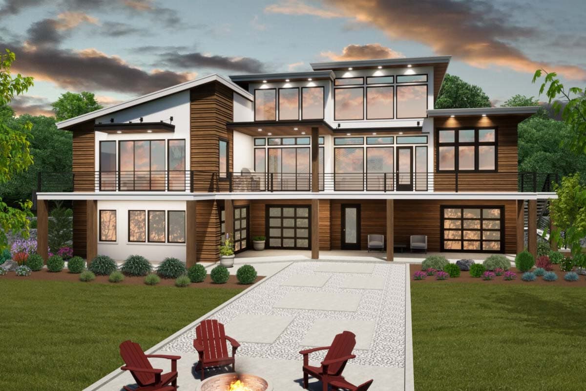 Modern house plan exterior with multiple levels, extensive windows, wood siding, balconies, and a lower-level garage.