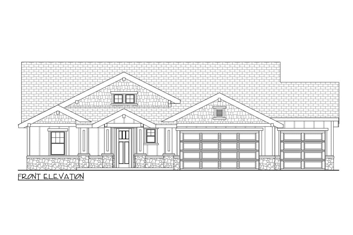 Front elevation drawing of a one-story house plan with a covered entry, two garage doors, and multiple gables with dormers.