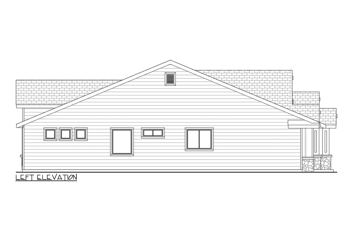 Left elevation house plan drawing showing a single-story home with a gable roof, horizontal siding, and a covered porch.