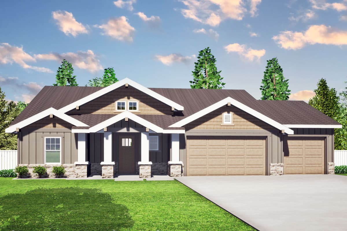 House plan exterior. Craftsman-style, single-story home with gables, a covered porch, and a two-car garage. Stone accents on pillars and garage base.