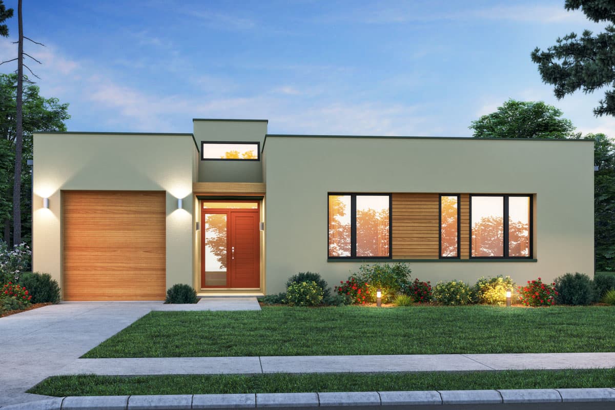 House plan exterior. Modern style, one story. Features include flat roof, wood garage door, and a recessed entry with clerestory window.