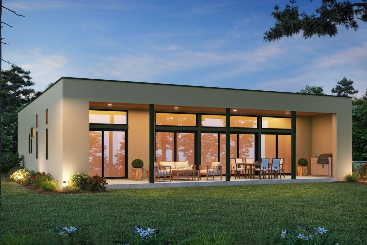 Modern ranch house plan exterior with flat roof, stucco finish, extensive glass walls, and covered patio with outdoor grill.
