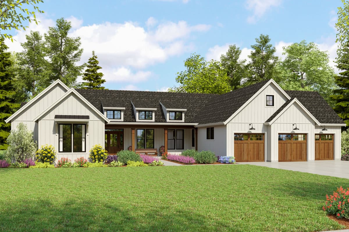 House plan exterior featuring a two-story Modern Farmhouse design with gabled roof, dormers, and attached garage with three bays.