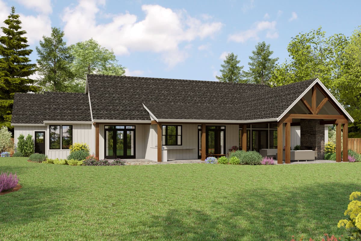 Modern house plan exterior with a gable roof, exposed beams over a covered patio, and board and batten siding.