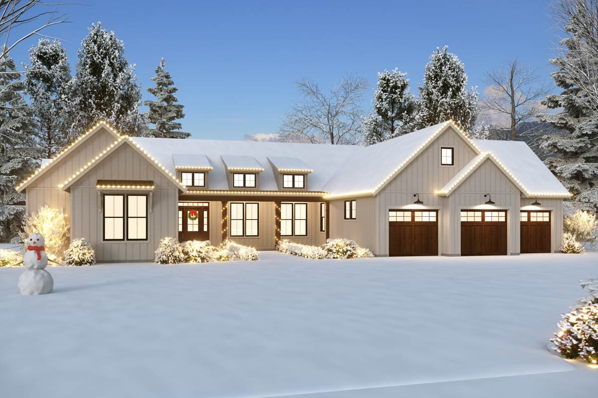 Modern Farmhouse house plan exterior with a prominent gable, covered entryway, dormers, and a three-car garage.