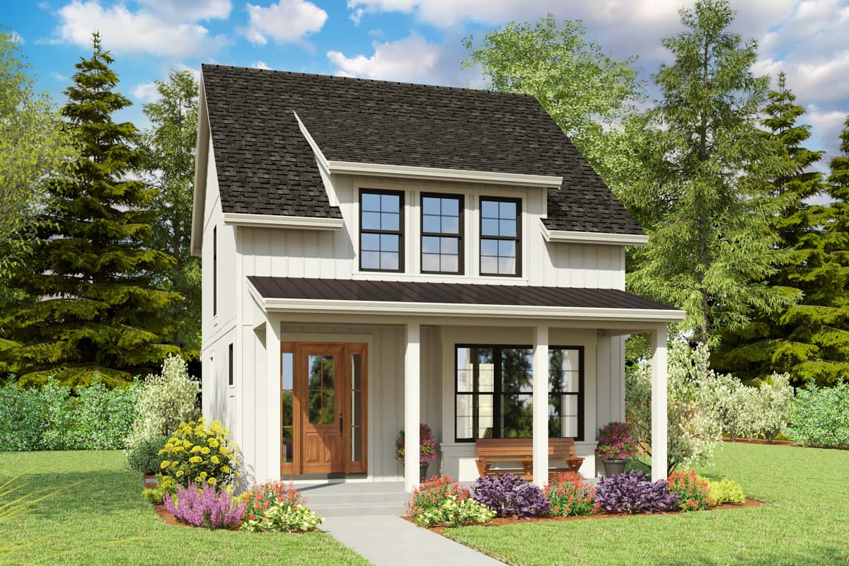 House plan exterior. Two-story Modern Farmhouse with a front porch, gabled roof, and dark roof accents. Features a double-door entry.
