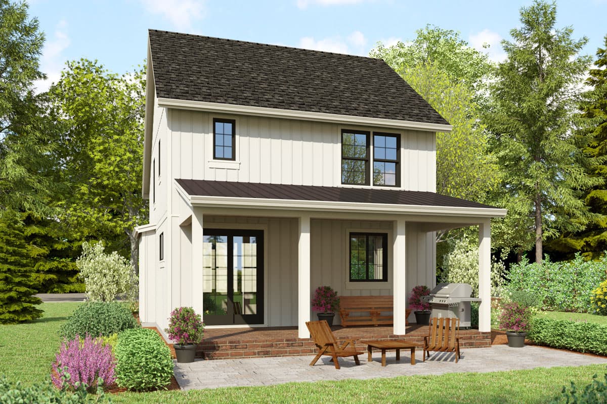 House plan exterior of a two-story modern farmhouse with a covered front porch, board-and-batten siding, and a metal roof.