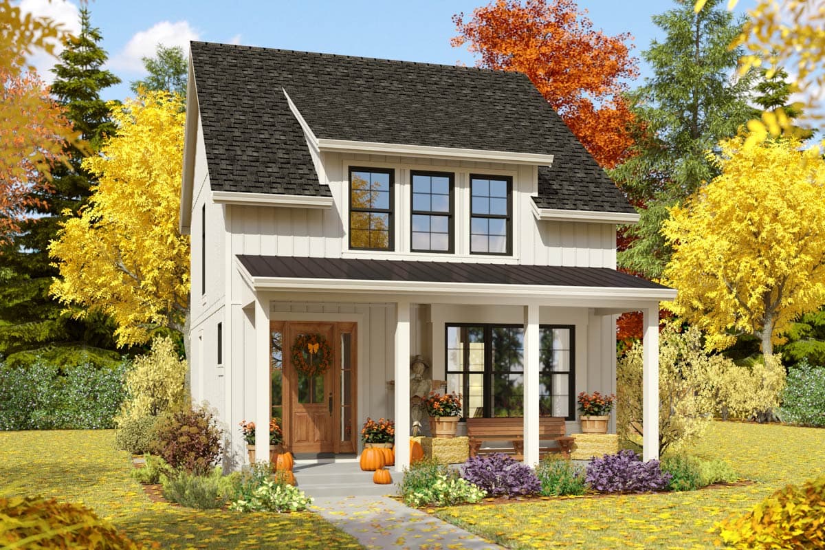 Modern Farmhouse house plan exterior, two stories, with covered porch, gables, and vertical siding.