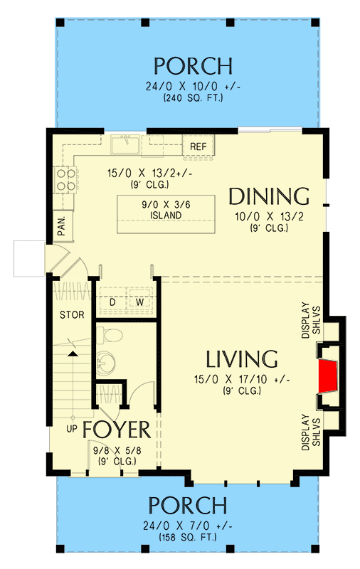 Plan 69850AM: Two -Story Country Farmhouse with Large Open Great Room - 1636 Sq Ft - Floor Plan - Main Level - Country, Farmhouse, Modern Farmhouse, Vacation