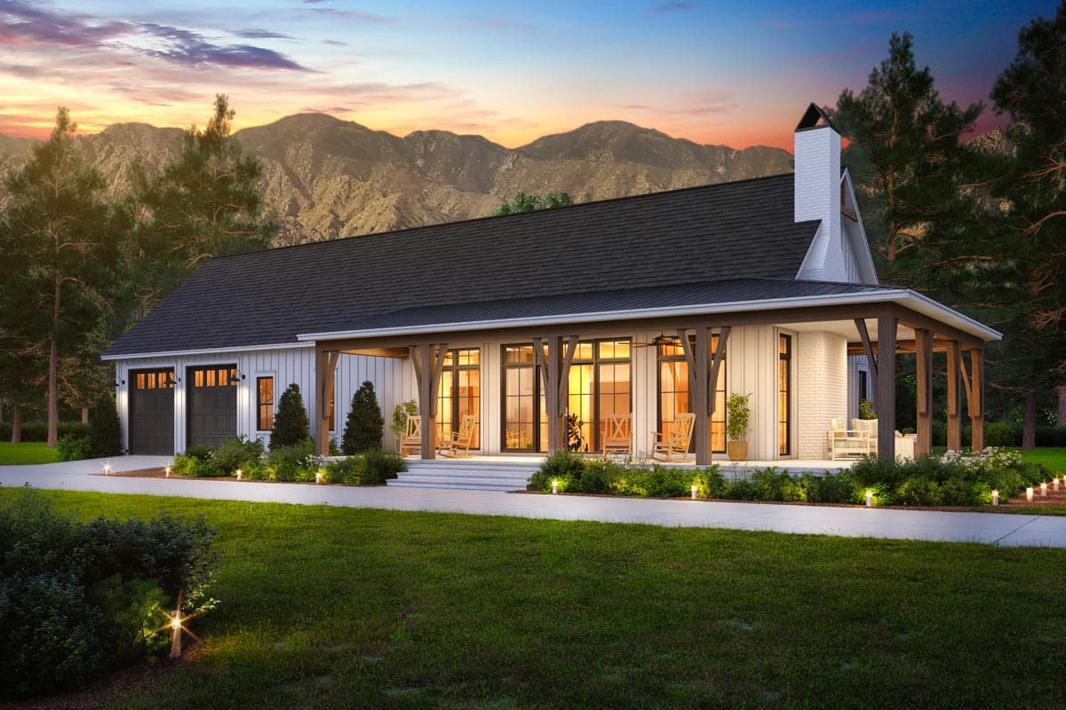 House plan exterior. Modern Farmhouse style with a single story, front porch with timber frame columns, gabled roof, and attached garage.