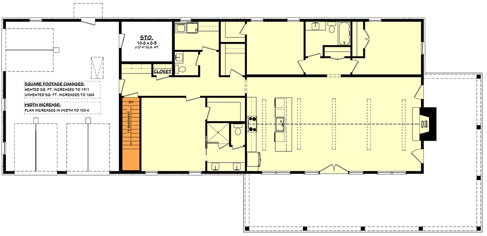 Plan 51964HZ: 3-Bedroom Barndo-Style Farmhouse House Plan Under 2000 Square Feet - Floor Plan - Basement Stairs Location - Barndominium, Country, Farmhouse, Modern Farmhouse, New American