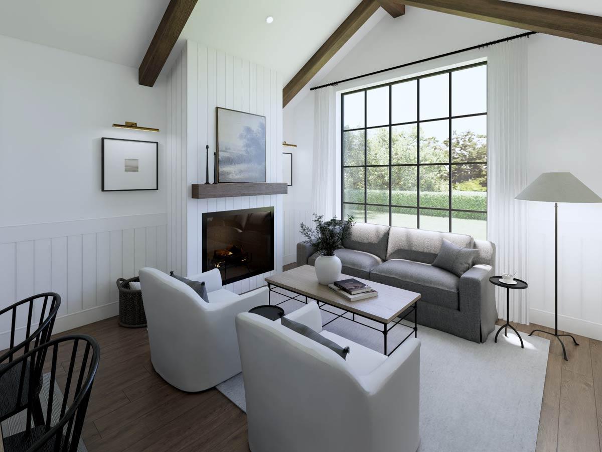 Bright, modern living room with a large window, fireplace, and comfortable seating. Neutral tones are accented by warm wood beams and flooring.