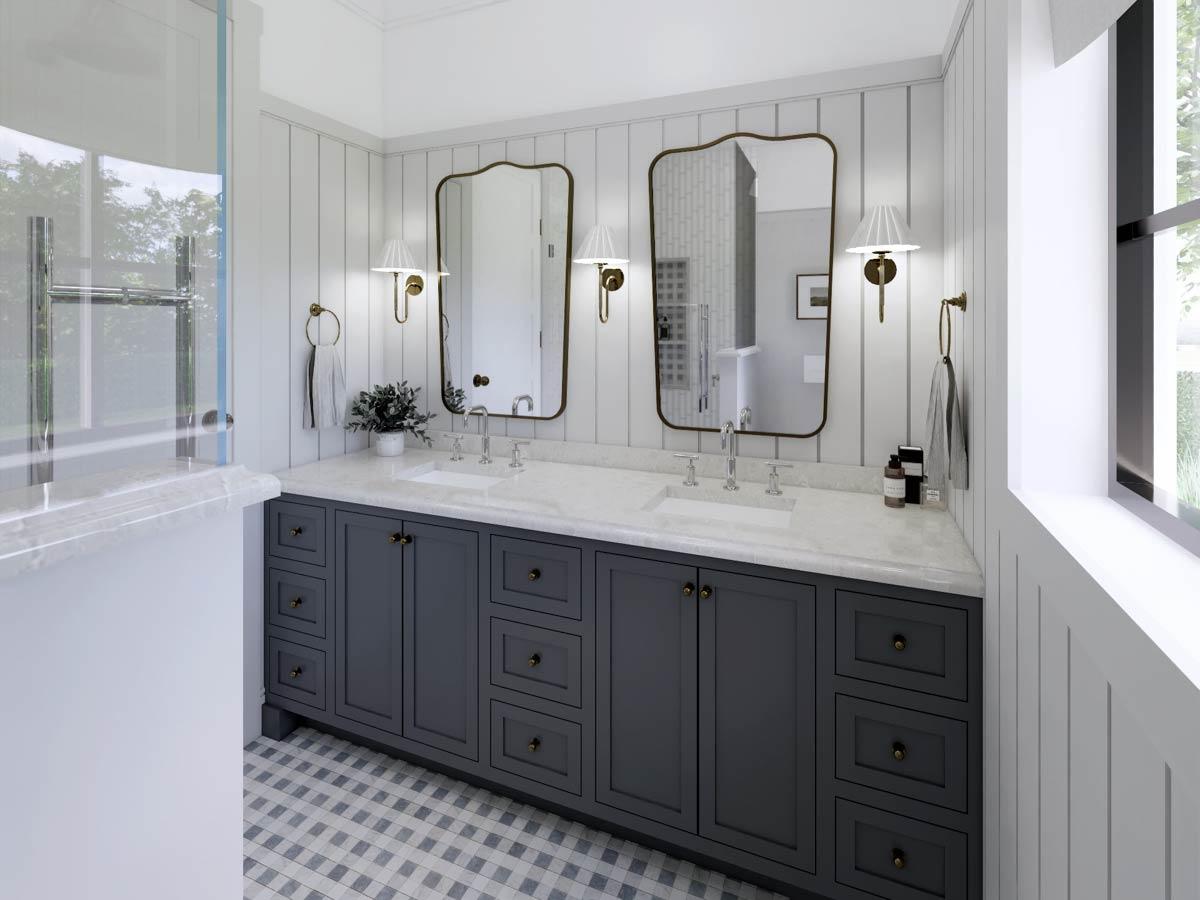 A modern bathroom features a double vanity with two mirrors, sconces, and a gray cabinet. The room has a marble countertop and a checkered tile floor.