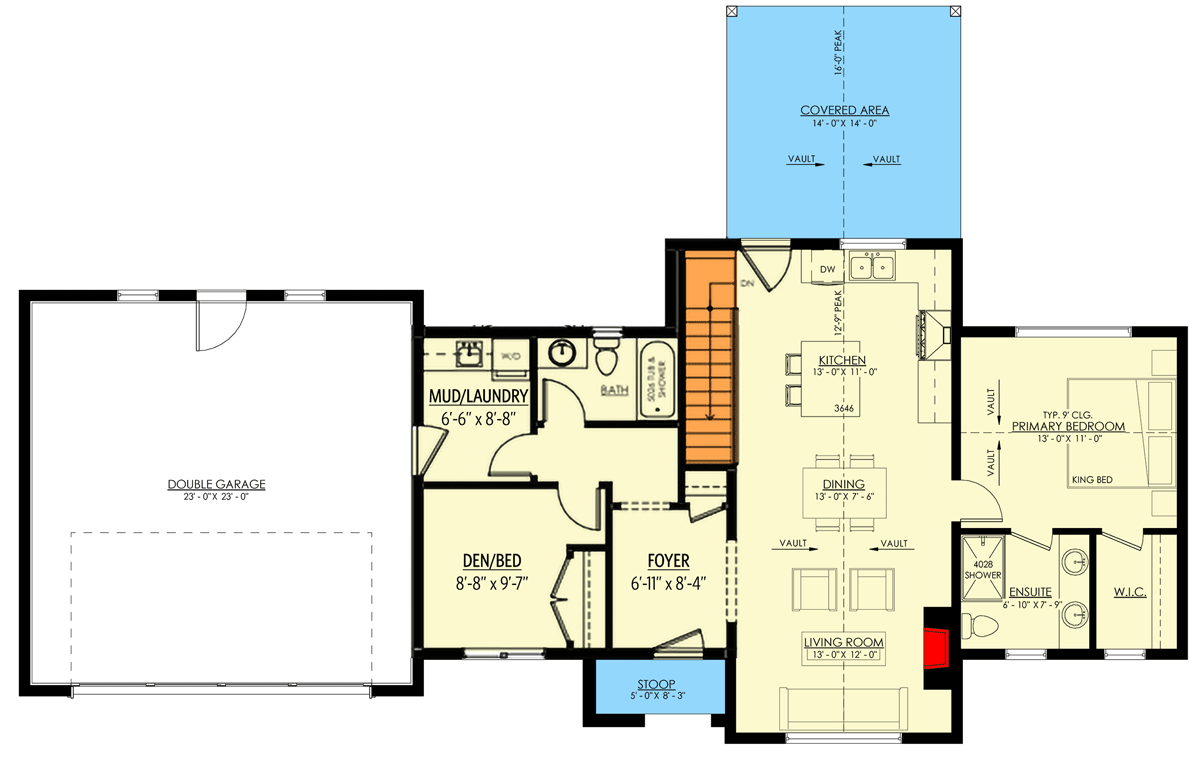 Plan 270099AF: 2-Bedroom Transitional House Plan with Vaulted Open Living Space - 1077 Sq Ft - Floor Plan - Main Level - Basement Stair Location - Ranch, Transitional