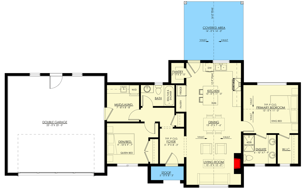 Plan 270099AF: 2-Bedroom Transitional House Plan with Vaulted Open Living Space - 1077 Sq Ft - Floor Plan - Main Level - Ranch, Transitional