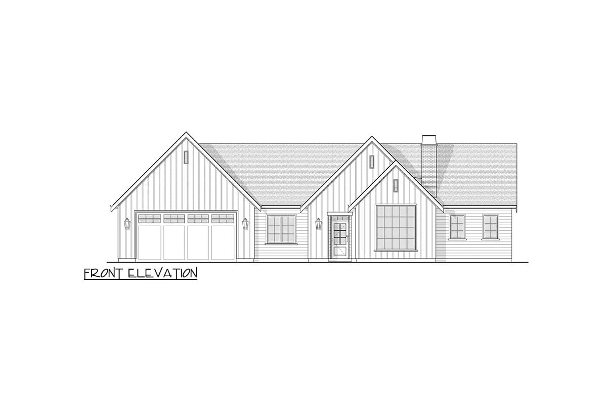 Line drawing of a house front elevation. Features include a garage, entry door, large windows, and a chimney on the right side.