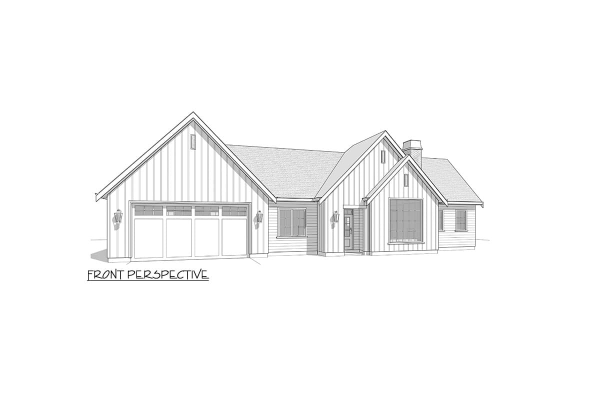 Front perspective line drawing of a modern house, showing a two-car garage, multiple gabled sections, windows, and a chimney on a white background.