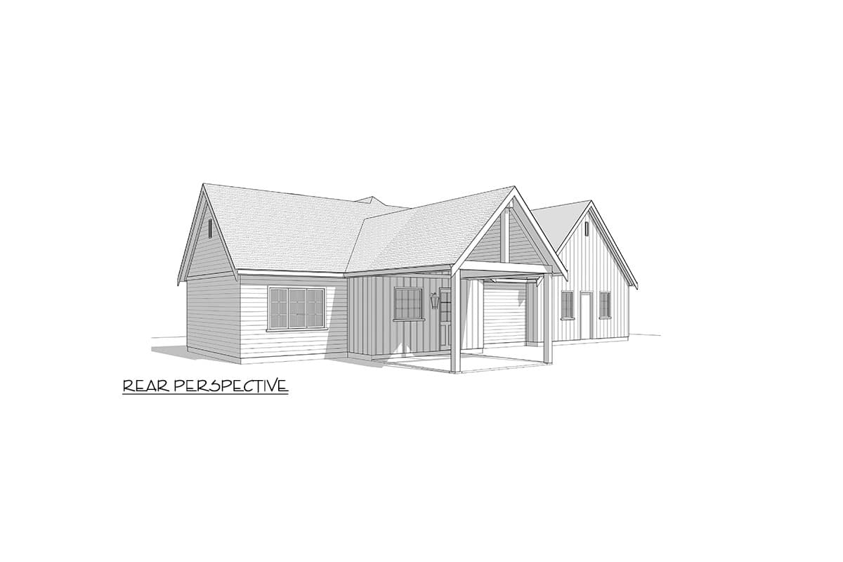 A rear perspective sketch of a house, featuring gabled roofs, a porch with a covered walkway, and multiple windows.