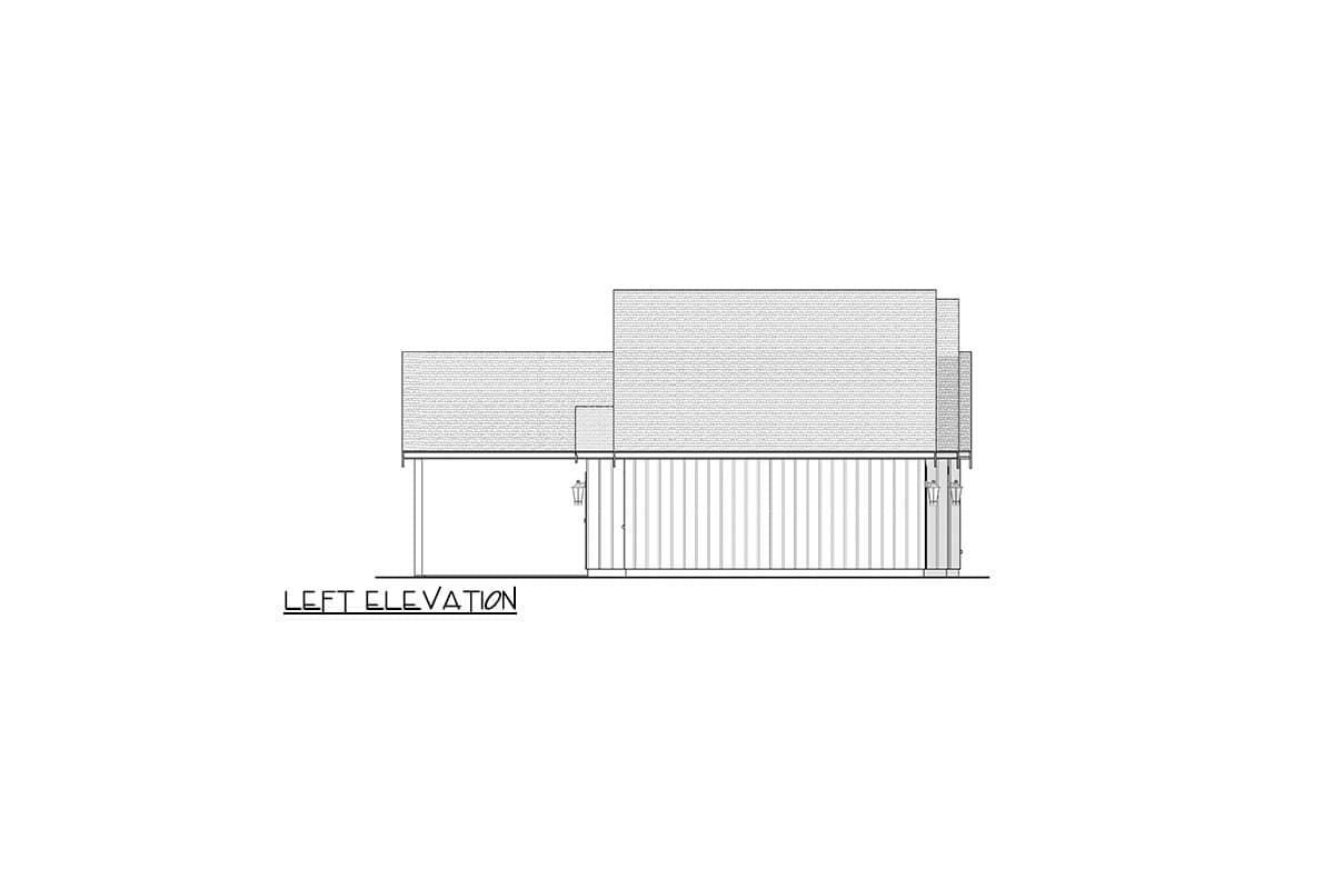 Architectural elevation drawing showing the side profile of a building with a gabled roof and a lower section with vertical lines.