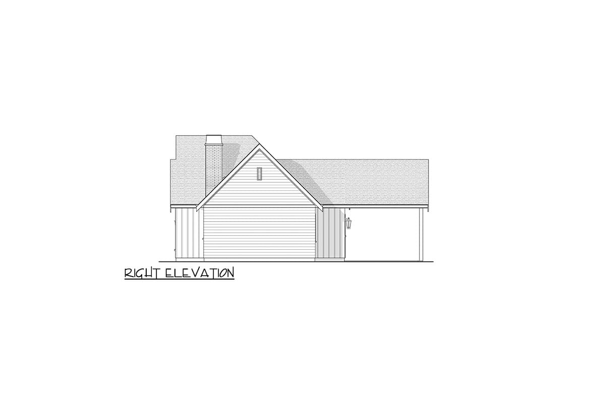 A house elevation drawing, showing the side view with a gabled roof, a chimney, and siding detail. The words “Right Elevation” are below.