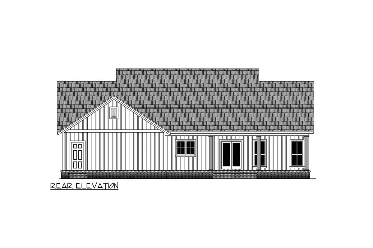 Rear elevation drawing of a one-story house plan with board and batten siding, a gable, a dormer, and a small porch.