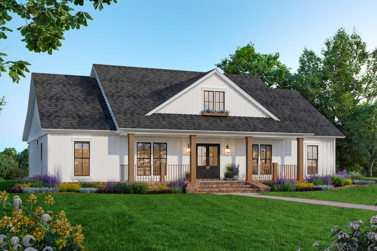 House plan exterior. Two-story Modern Farmhouse with a gabled roof, front porch with wood columns, and dormer window above the entry.