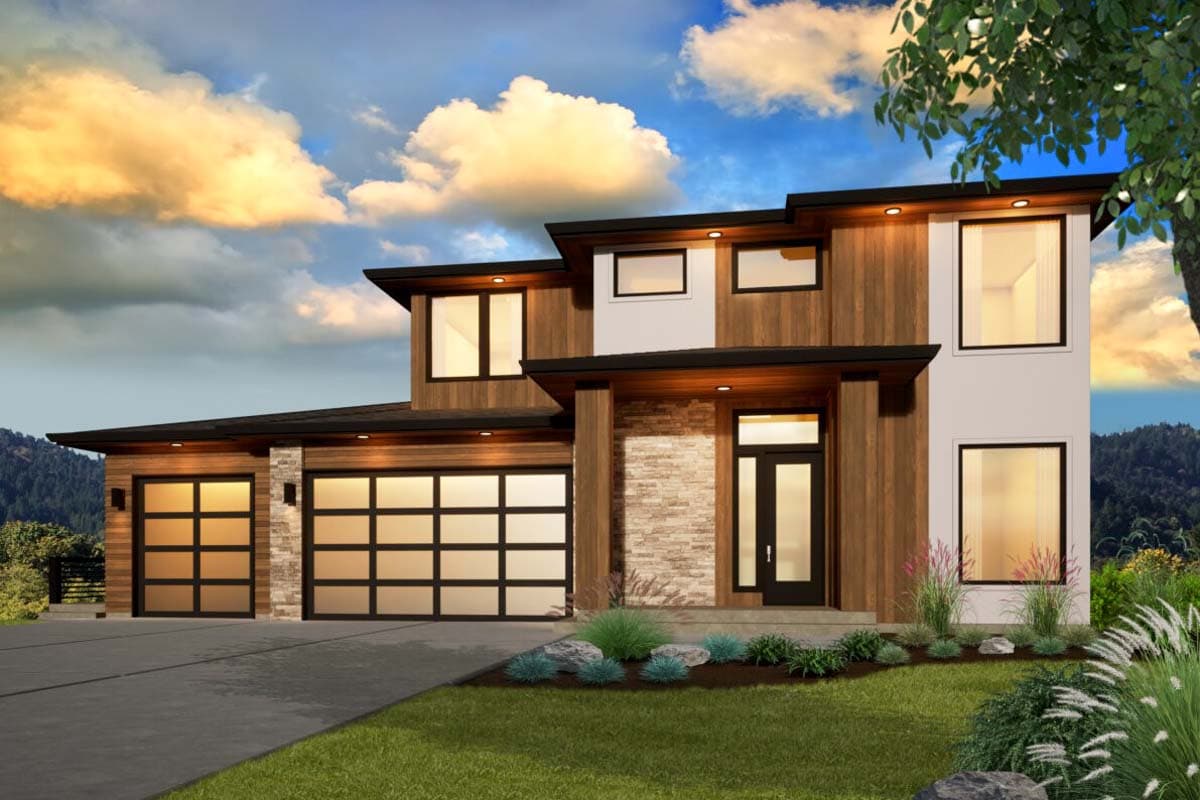 House plan exterior featuring a modern design, two stories, and a flat roof. Includes a two-car garage, wood siding, and stacked stone entry.