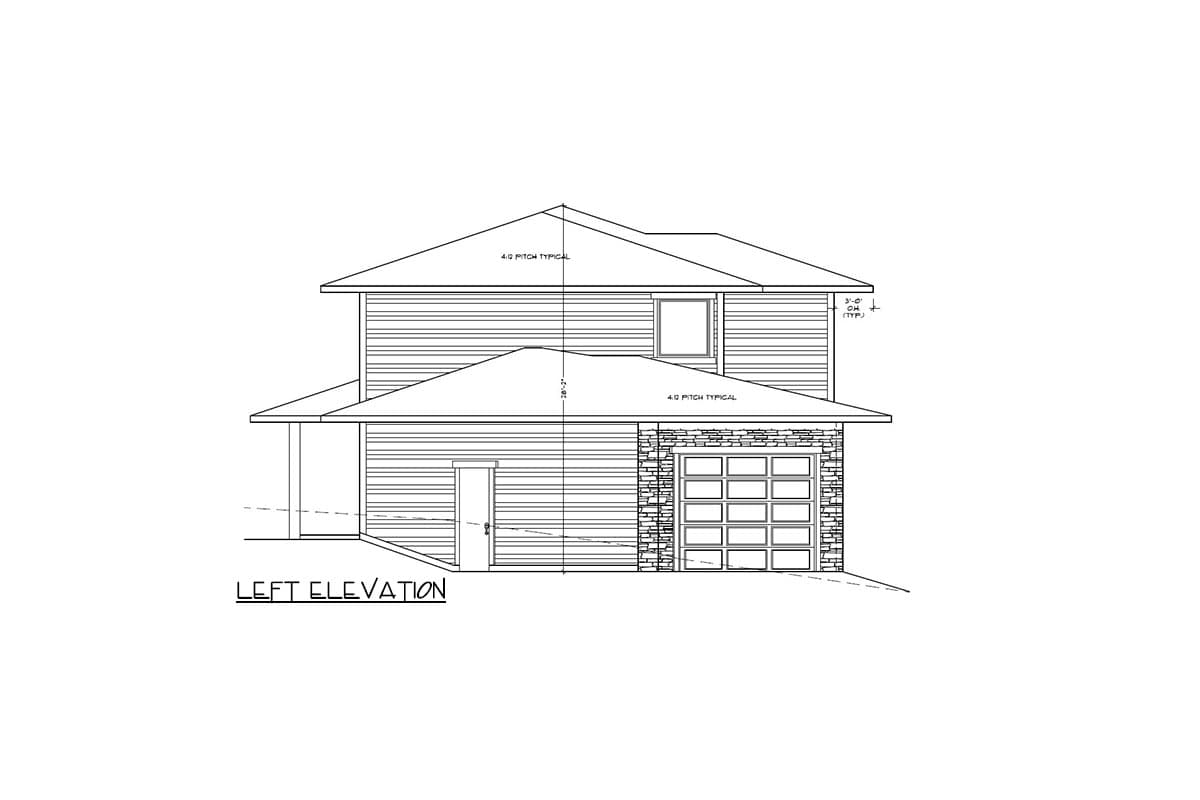 Left elevation house plan shows two stories, siding, a pitched roof, a single door, and an attached garage with stone veneer.