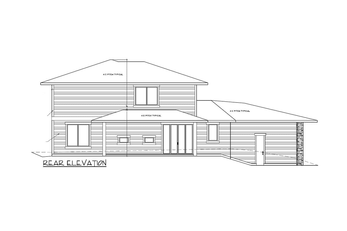 Rear elevation drawing of a two-story house plan with horizontal siding, multiple windows, sliding doors, and a pitched roof.