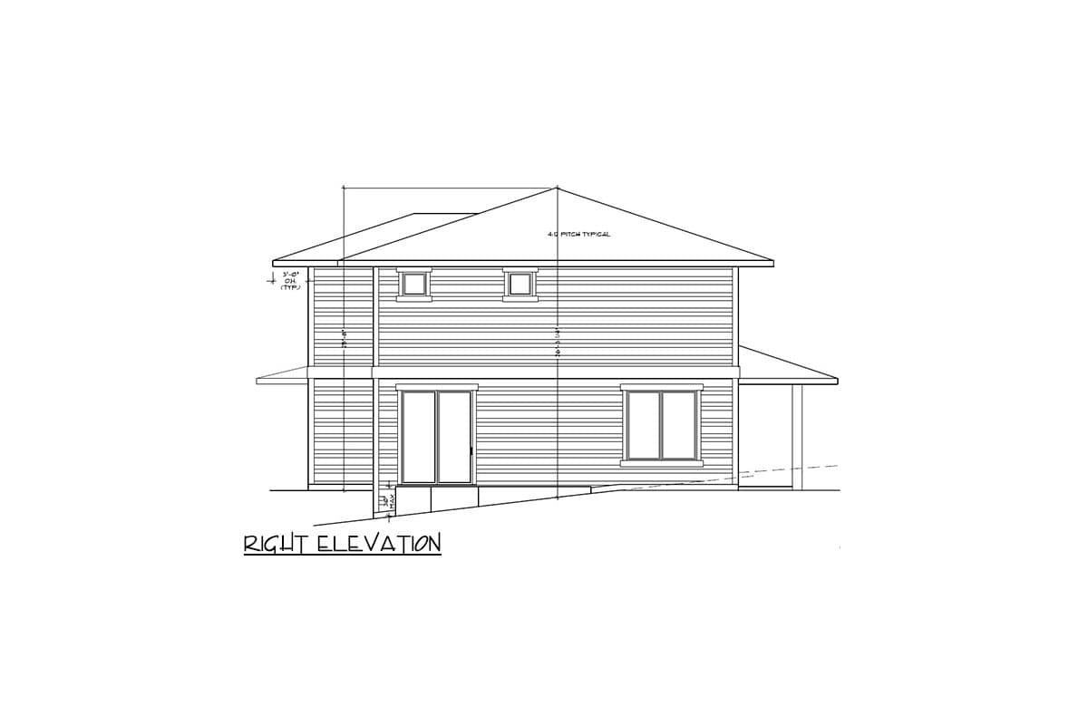 Right elevation drawing of a two-story house with horizontal siding, a gable roof, and a covered porch.