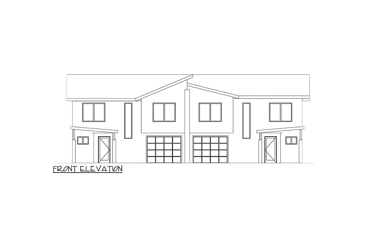 Front elevation drawing of a two-story duplex with two garages, gabled rooflines, and covered entryways.