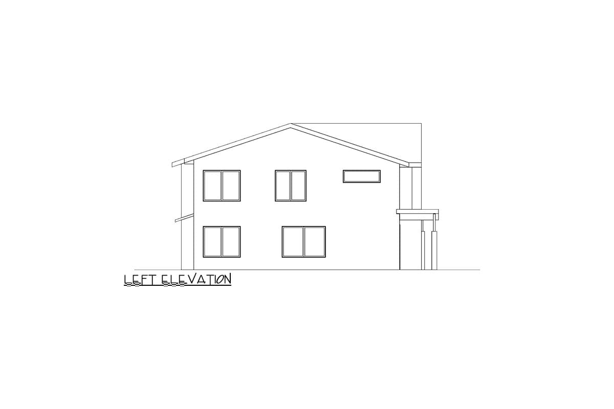 Left elevation drawing of a two-story house with a gable roof, multiple windows, and a covered porch.