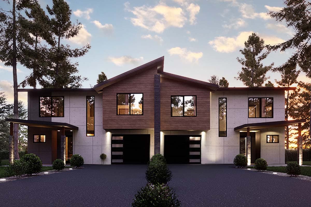 House plan exterior with Modern design. Features include flat roof, wood siding, concrete panels, and black garage doors.